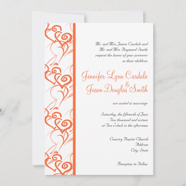 Coral Double Hearts Swirls Wedding Invitations (Front)