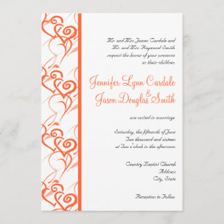 Coral Double Hearts Swirls Wedding Invitations