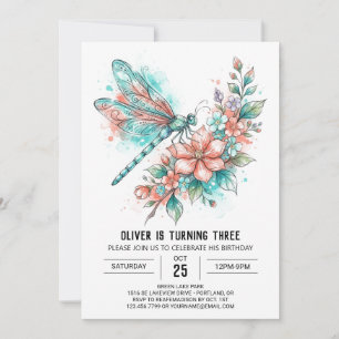 Coral Dragonfly Botanical Birthday Invitation