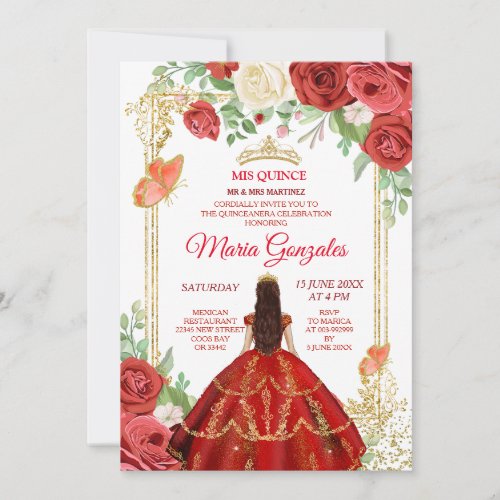 Coral Dress Mexican Flowers Quinceaera Invitation