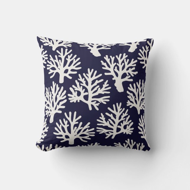 Coral Drift Navy White Throw Pillow (Front)