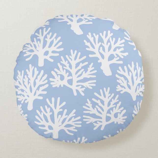 Coral Drift Soft Blue Round Pillow (Front)