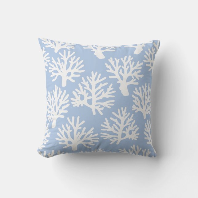 Coral Drift Soft Blue White Throw Pillow (Front)