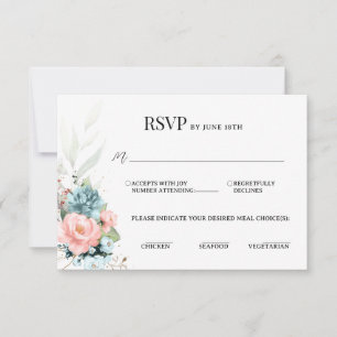 Coral Dusty Blue Floral Elegant Response Card