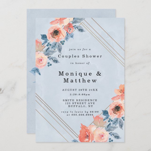 Coral Dusty Blue Geometric Couples Shower Invites (Front/Back)
