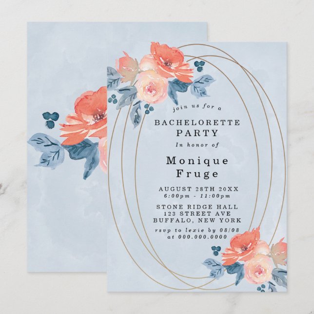 Coral Dusty Blue Gold Bachelorette Party Invites (Front/Back)