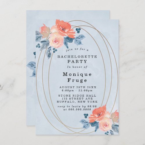 Coral Dusty Blue Gold Bachelorette Party Invites