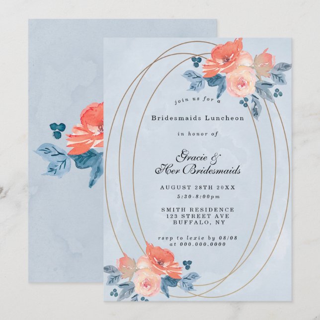 Coral Dusty Blue Gold Bridesmaids Luncheon Invites (Front/Back)