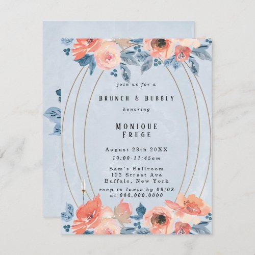 Coral Dusty Blue Gold Brunch  Bubbly Invites