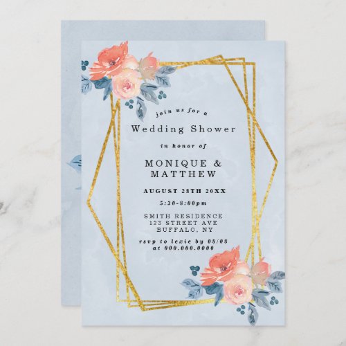 Coral Dusty Blue Gold Floral Wedding Shower Invite
