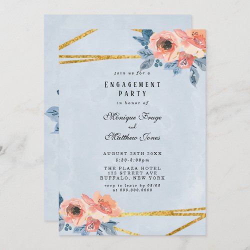 Coral Dusty Blue Gold Peony Engagement Party Invitation
