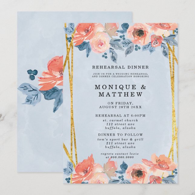 Coral Dusty Blue Gold Peony Rehearsal Dinner Invitation (Front/Back)