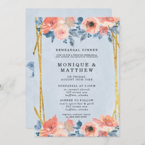 Coral Dusty Blue Gold Peony Rehearsal Dinner Invitation