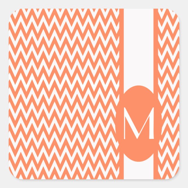 Coral Elegant Chevron Design with monogram Square Sticker (Front)