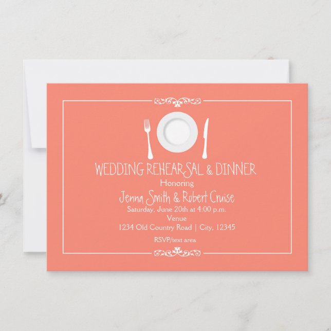 Coral Elegant Wedding Rehearsal Dinner Invitation (Front)