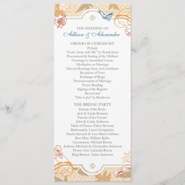 Coral Fall Bohemian Autumn Floral Wedding Program (Front)