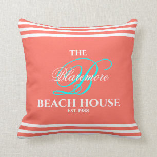 Coral Family Monogram Script Aqua Color Initial Throw Pillow