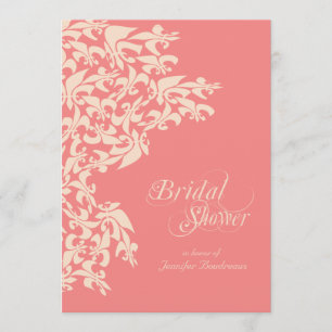 Coral Fancy Fleur de Lis Damask Bridal Shower Invitation