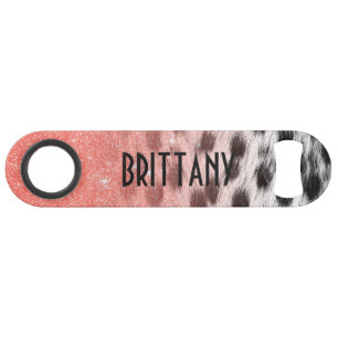 Coral Faux Glitter on Black & White Snow Monogram Bar Key