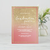 Coral faux gold ombre glitter modern Graduation Invitation (Standing Front)