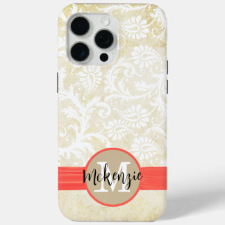 Coral Faux Rhinstone Personalized Damask iPhone 15 Pro Max Case