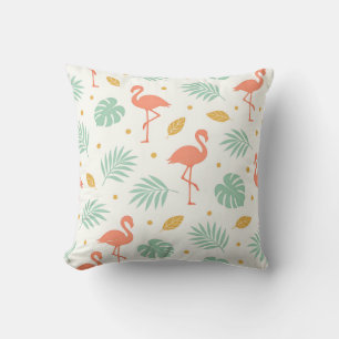 Coral Flamingo Tropical Leaf Pattern Throw Pillow