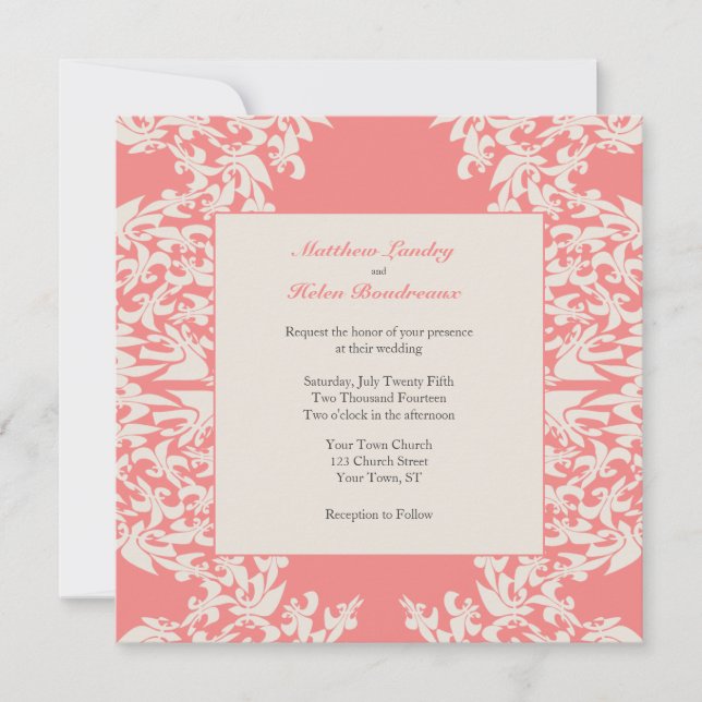 Coral Fleur de Lis Modern Wedding Invitation (Front)