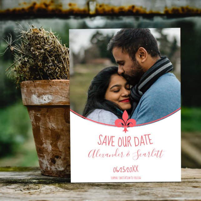 Coral Fleur de Lis Photo Save The Date Announcement (Coral Fleur de Lis Photo Save the Date)