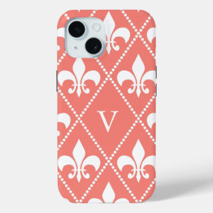 Coral Fleur de Lis w/ monogram iPhone 15 Case