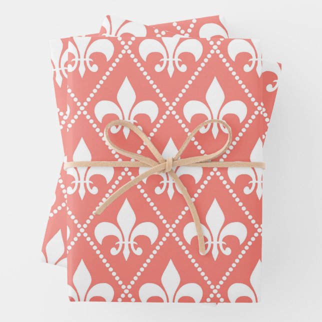 Coral Fleur de Lis Wrapping Paper Sheets (In situ)