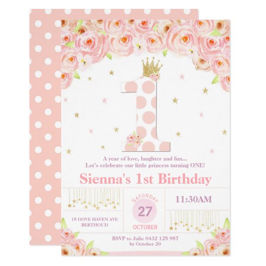 Coral Floral 1st Birthday Princess Invitation Girl Zazzle Com