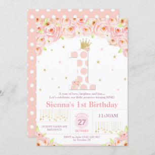 Coral Floral 1st Birthday Princess Invitation Girl