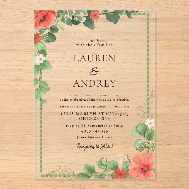 Coral Floral Acrylic Wedding Invitation (Front)