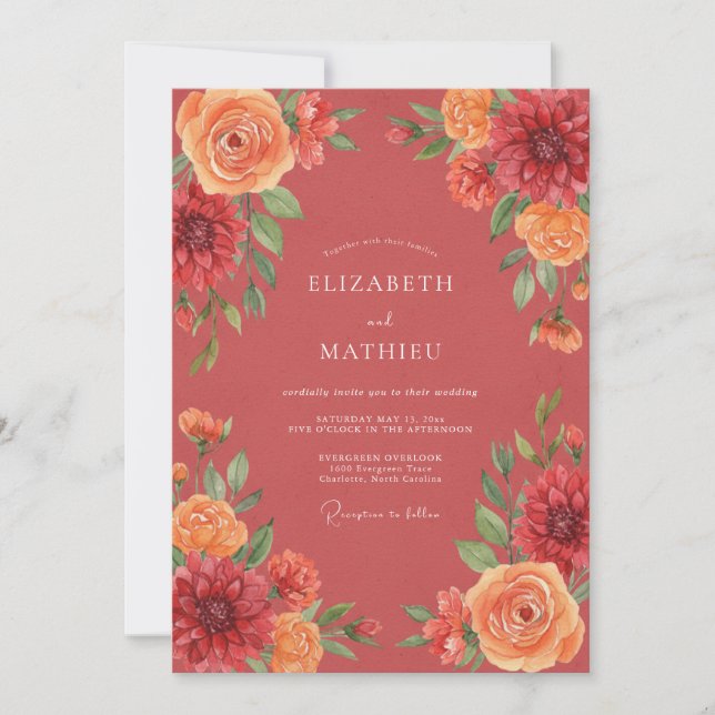 Coral Floral Artistic Wedding Invitation (Front)