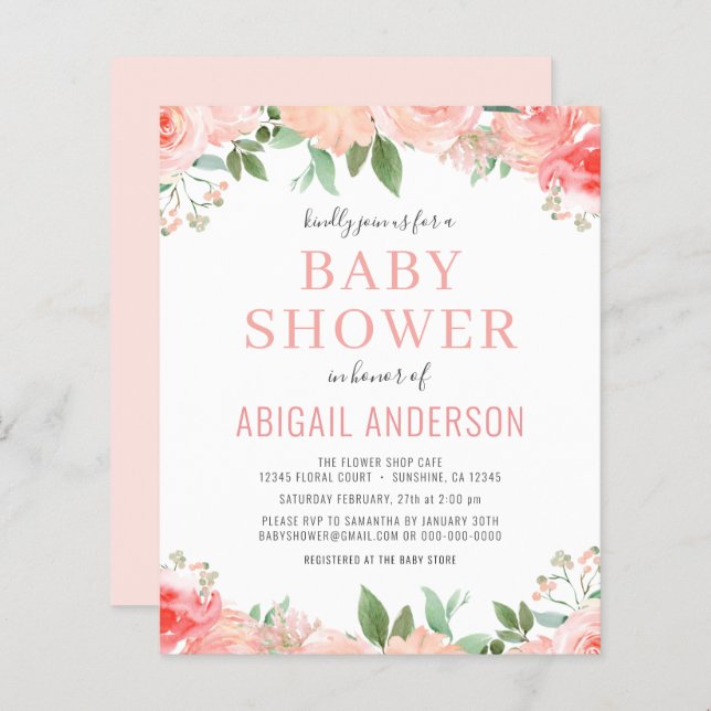 Coral Floral Baby Shower Budget Invitation (Front/Back)