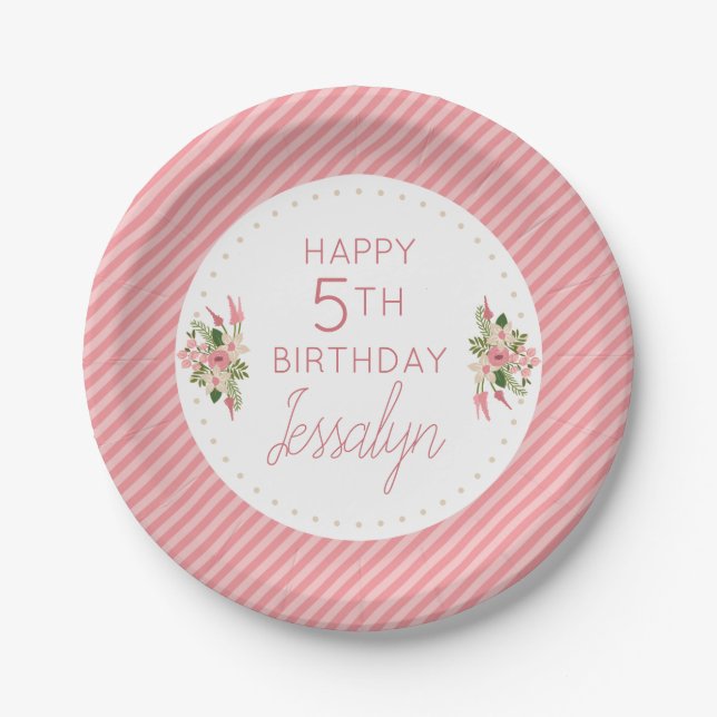 Coral Floral Birthday Personalized Paper Plates (Front)