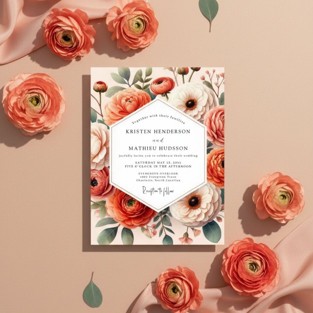 Coral Floral Bloom Romance Wedding Invitation (Creator Uploaded)