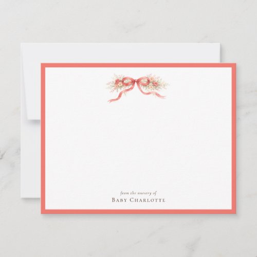Coral Floral Bow Nursery Note Card – Personalized