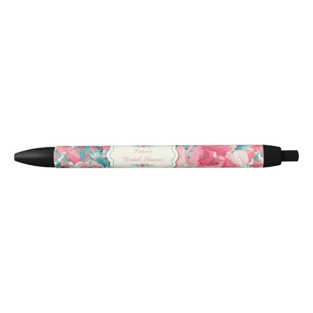 Coral Floral, Bridal Shower Black Ink Pen (Front)