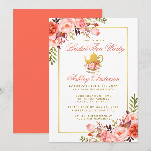 Coral Floral Bridal Shower Tea Party Gold Invite (Front/Back)