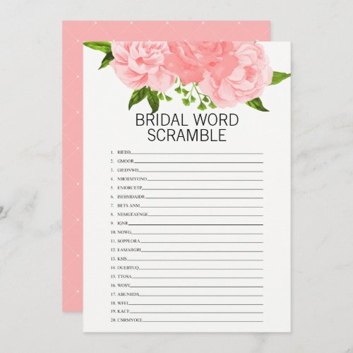 Coral Floral Bridal Shower Word Scramble Game Card