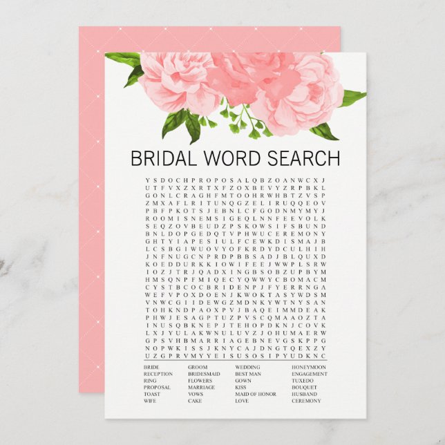 Coral Floral Bridal Shower Word Search Game Card (Front/Back)