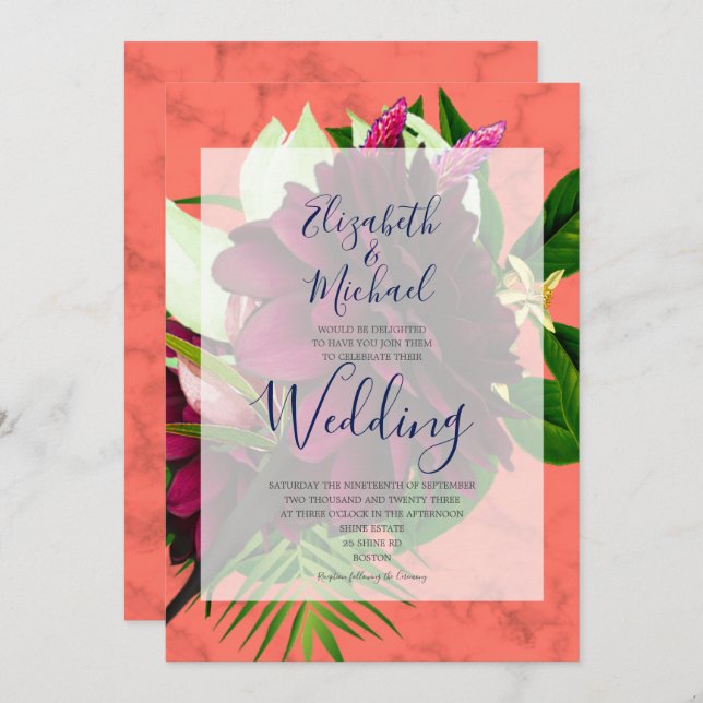 Coral Floral  Burgundy Elegant  Modern Wedding Invitation (Front/Back)