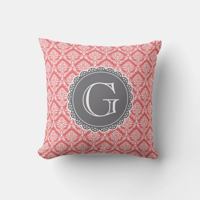 Coral Floral Damask Pattern Grey Monogram Throw Pillow (Front)