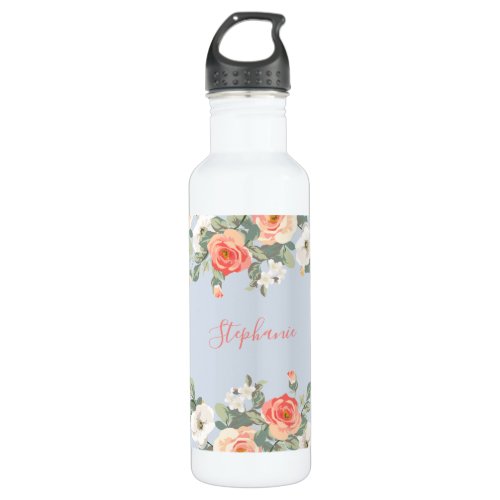 Coral Floral Dusty Blue Personalized Stainless Steel Water Bottle