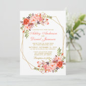 Coral Floral Geometric Gold Wedding Invitation (Standing Front)