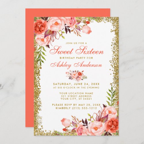 Coral Floral Gold Glitter Sweet 16 Birthday Invite