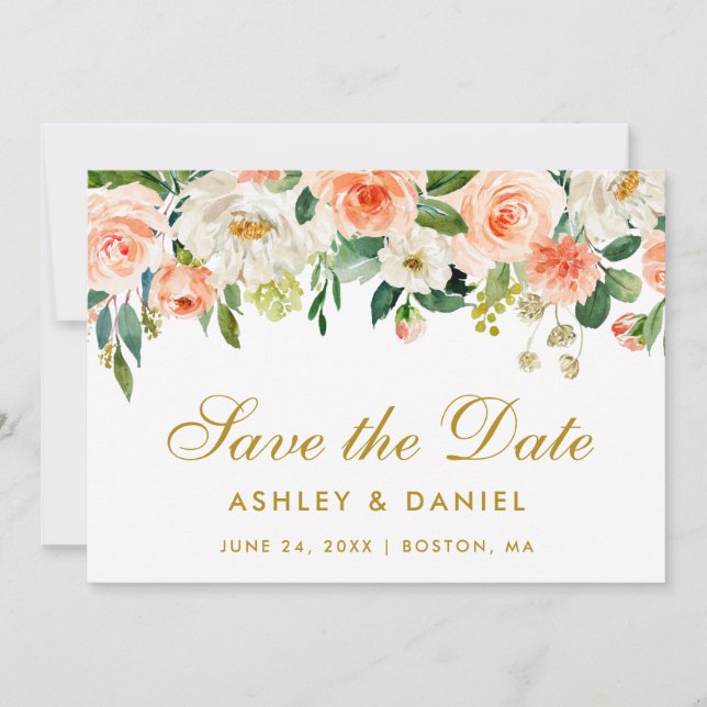 Coral Floral Gold Save The Date Card (Front)