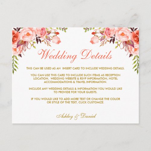 Coral Floral Gold Wedding Details Insert Card