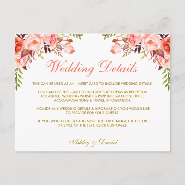 Coral Floral Gold Wedding Details Insert Card (Front)